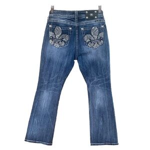 Miss Me Jeans Size 32 Mid Rise Bootcut Blue MP7053BV Black Patch Dark Wash
